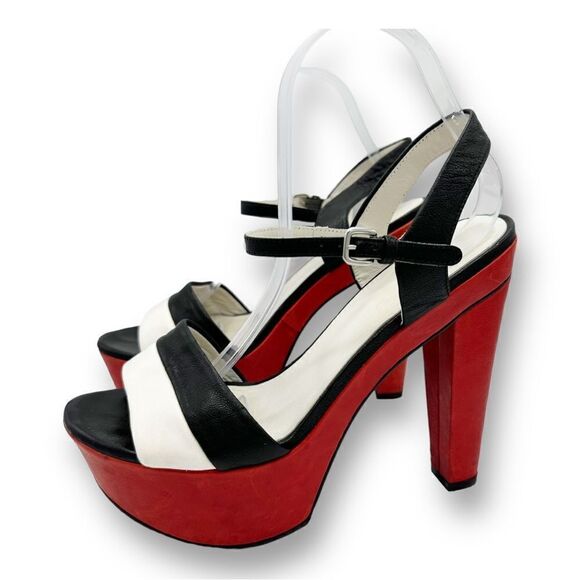 Stuart Weizmann Black Red and White Wide Strap Platform Sandals with Ankle Strap - Picture 3 of 15